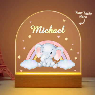 Custom Name Elephant Kids Bedside Lamp Personalised Animal Acrylic LED Night Light Gift Wooden Base Baby Gift - photomoonlampuk