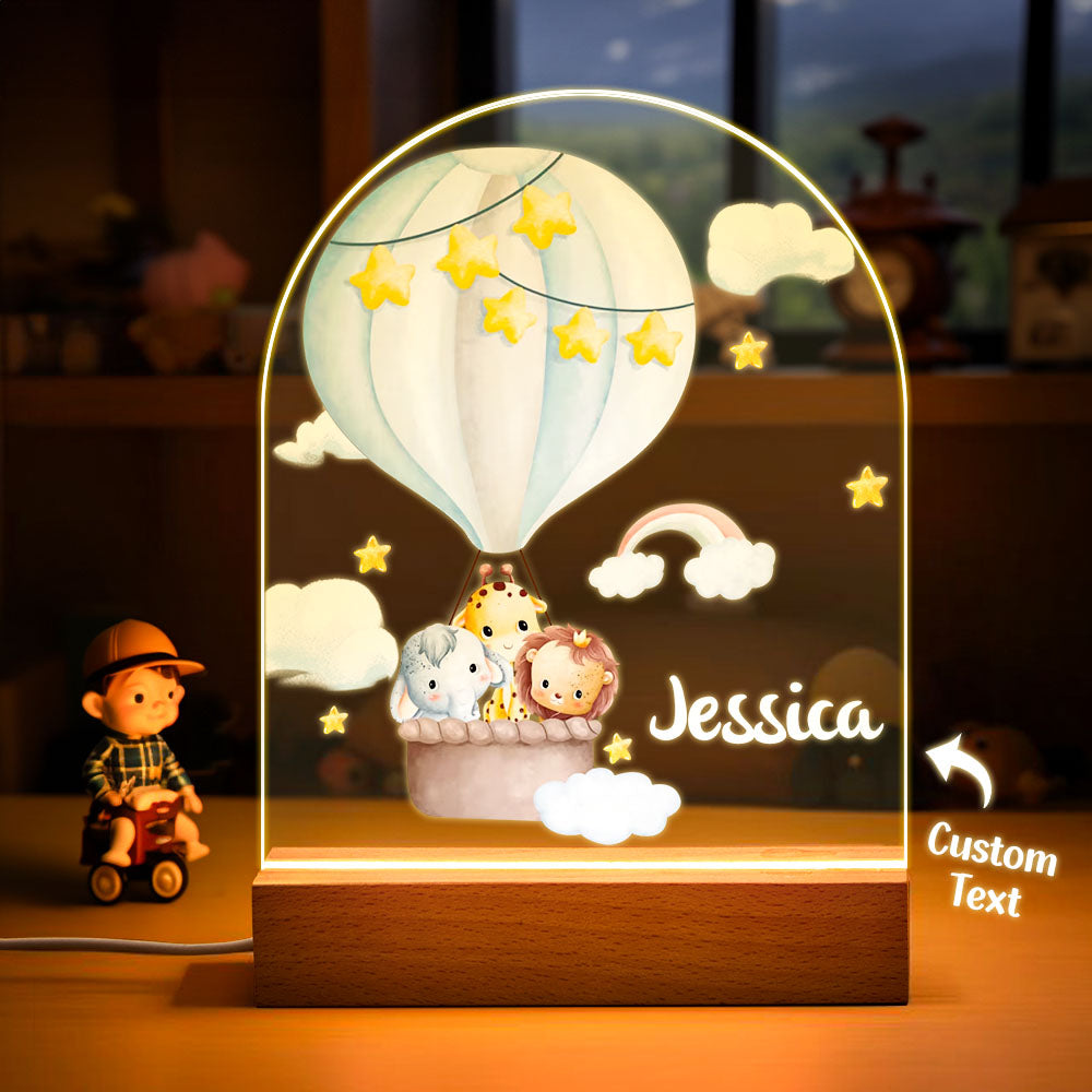 Custom Animals In Hot Air Balloon Name Light Personalized Star and Cloud Night light Kids Gift