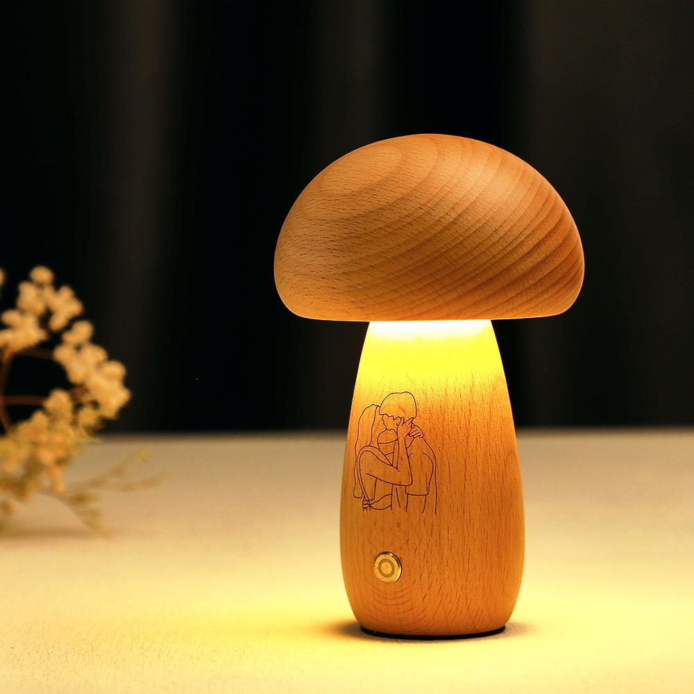 Real Handmade Solid Wood Mushroom Lamp Bedside Ambient Mushroom Night light Cute Little Mushroom Customize photo Gift for Family