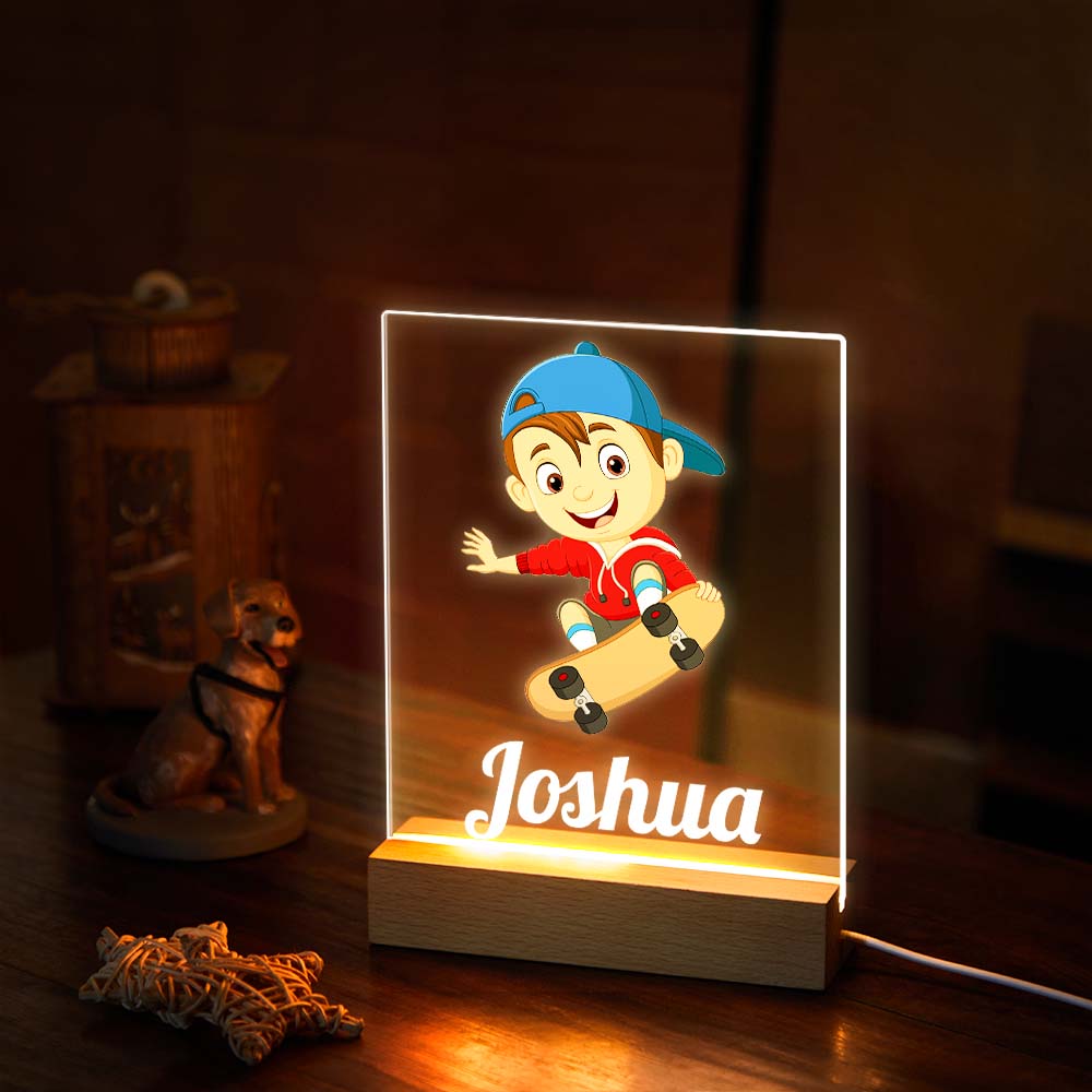 Custom Name Acrylic Night Light For Boy Play Skateboard LED Lamp Room Decor