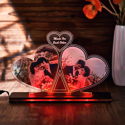Custom Photo Double Heart Colorful Lamp Personalized Engraved LED Night Light Valentine's Day Gift - photomoonlampuk