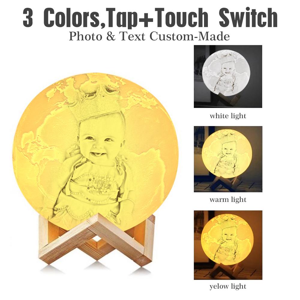 Custom 3D Printing Photo Earth Lamp With Your Text - For Baby - Tap 3 Colors(10cm-20cm)