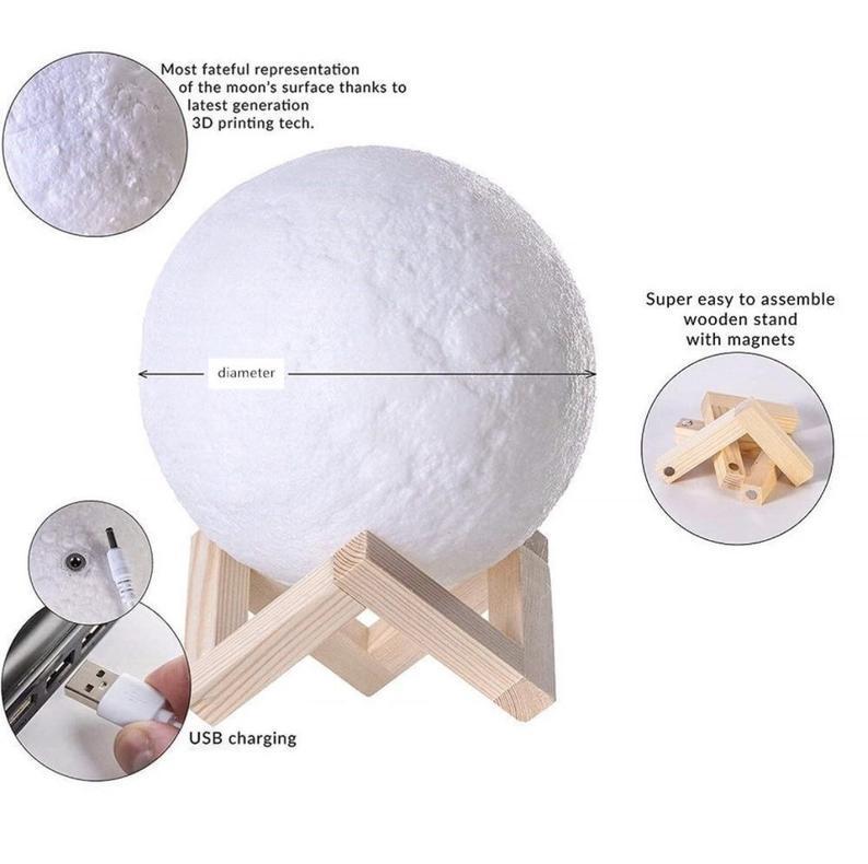3D Custom Printing Photo Moon Lamp With Your Text - For Valentine - Tap 3 Colors(10cm-20cm)